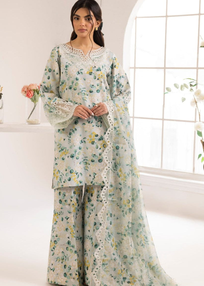 Woman wearing a floral outfit with a white background