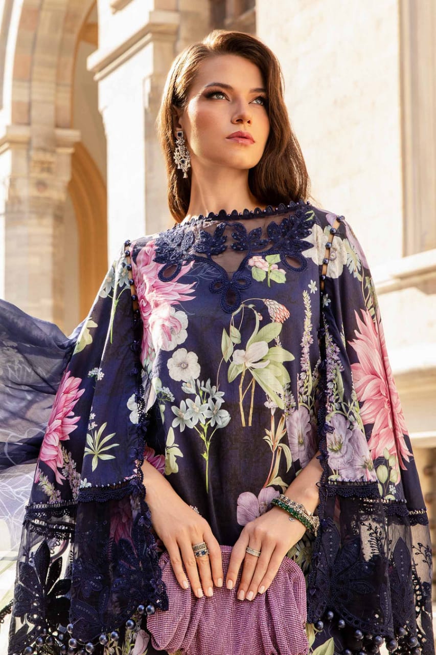 Maria b navy blue 3 Piece Unstitched Printed Cambric Suit | MPT-2306-B