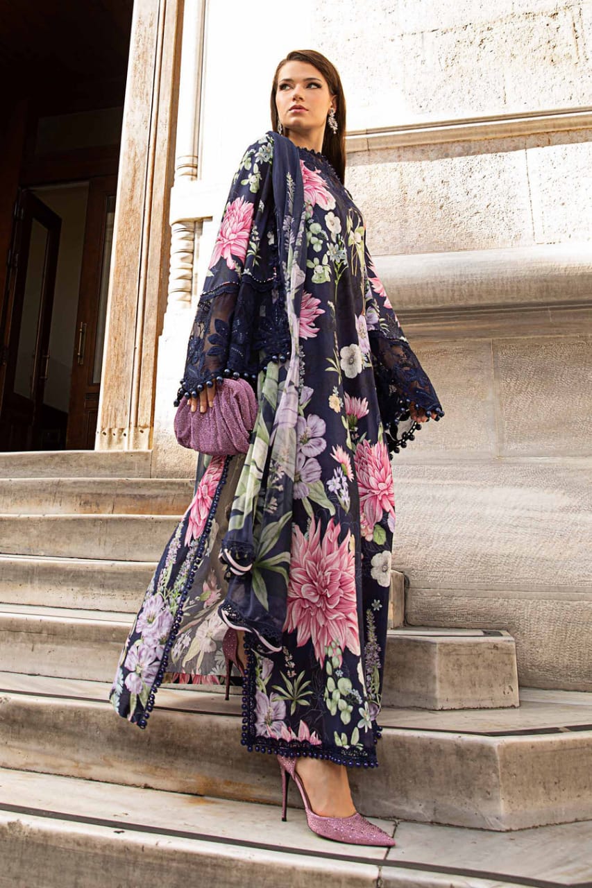 Maria b navy blue 3 Piece Unstitched Printed Cambric Suit | MPT-2306-B