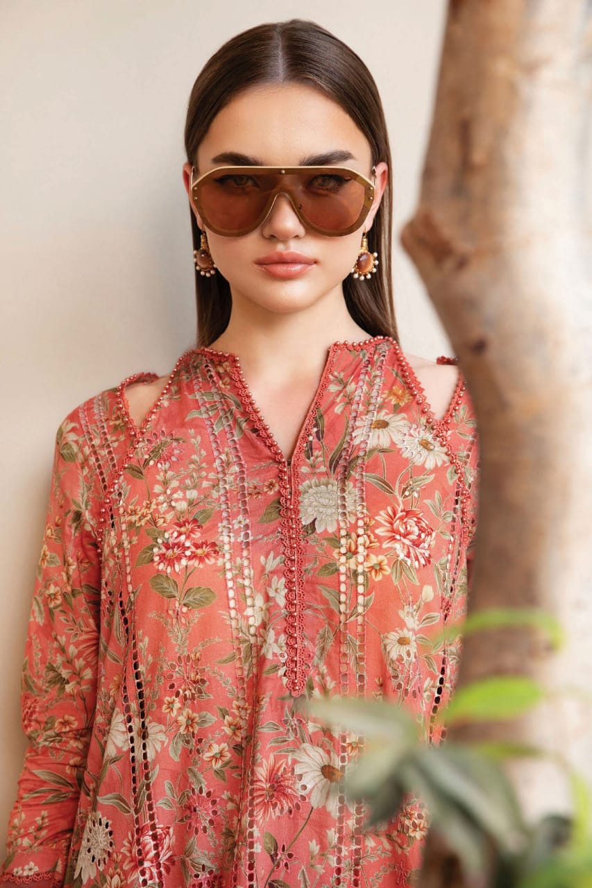 Maria B MPT-2508-A | Orange Peach - Chikankari Printed Lawn Eid Collection