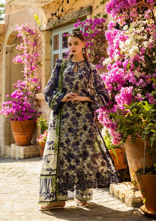 Elaf | Grey Blue - Printed Lawn With Chikankari Collection