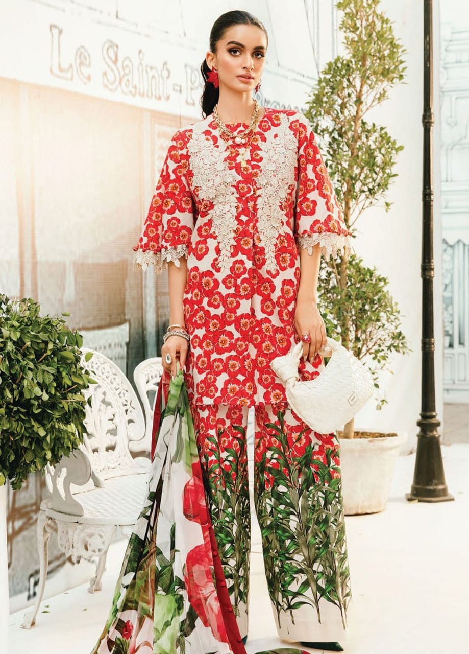 Maria B MPrint MPT-2606-B | Red & White (flower)- Lawn With Chiffon Dupatta Collection